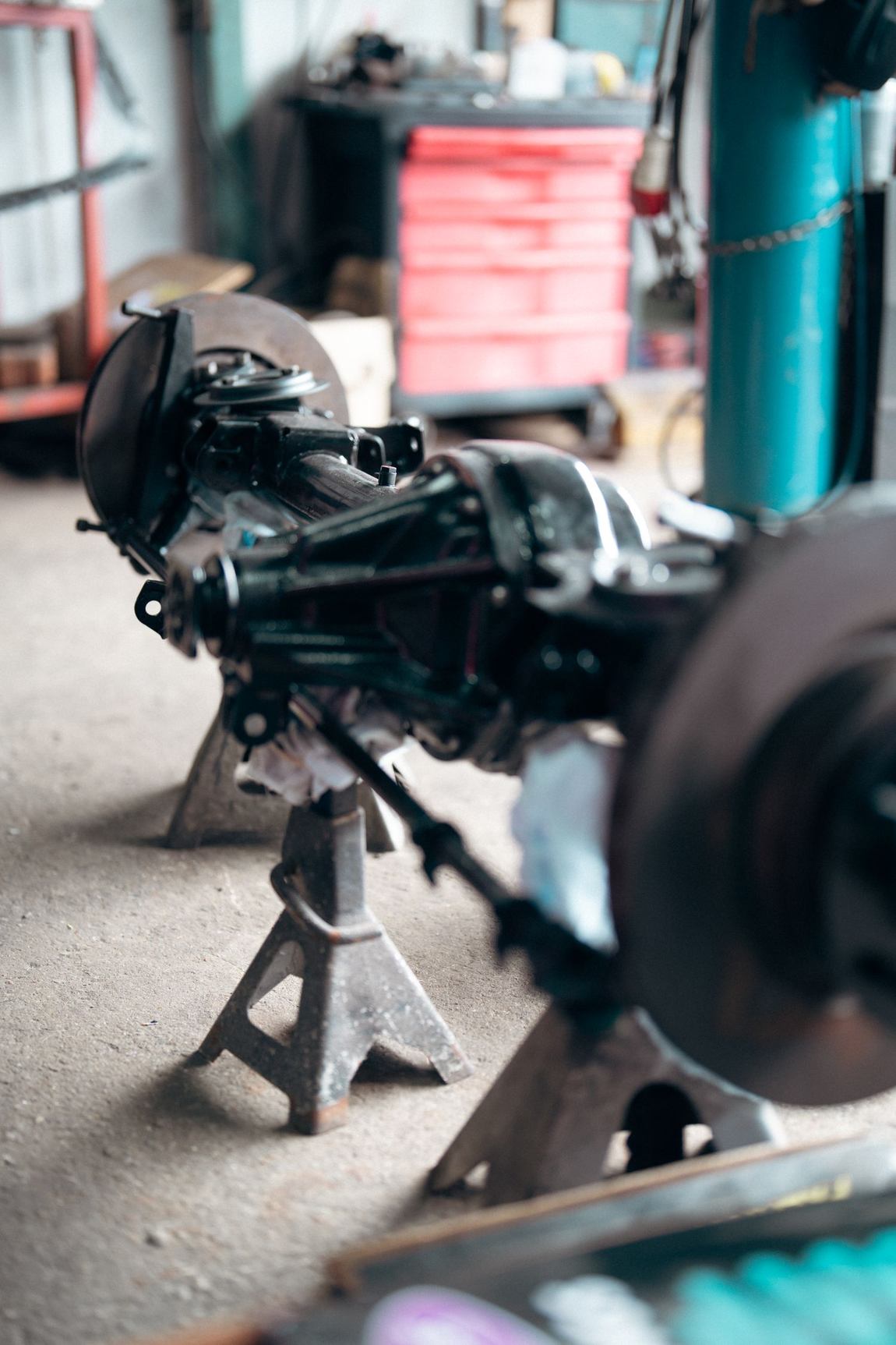 Range Rover Classic chassis on stands during the rebuild